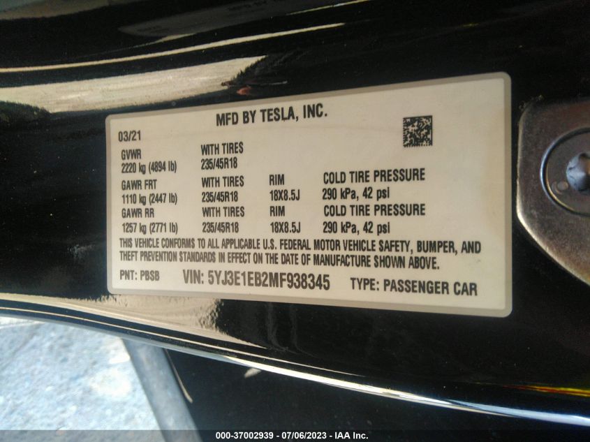 2021 TESLA MODEL 3 - 5YJ3E1EB2MF938345