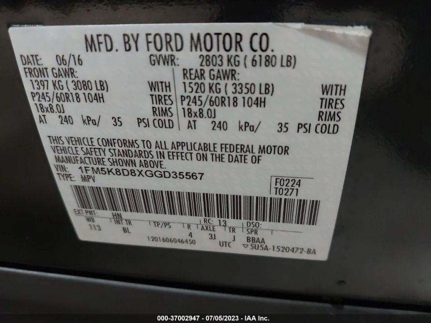 2016 FORD EXPLORER XLT - 1FM5K8D8XGGD35567