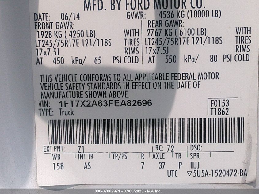 2015 FORD SUPER DUTY F-250 SRW XLT/XL/LARIAT - 1FT7X2A63FEA82696