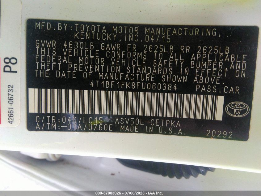2015 TOYOTA CAMRY XLE/SE/LE/XSE - 4T1BF1FK8FU060384