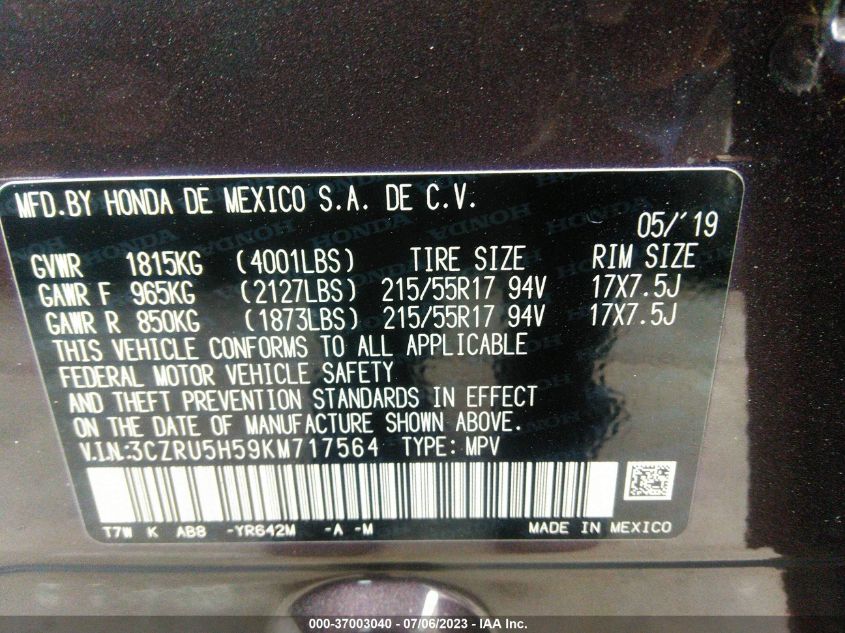 2019 HONDA HR-V EX - 3CZRU5H59KM717564