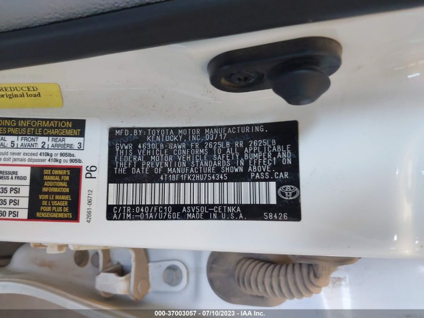 2017 TOYOTA CAMRY XLE/SE/LE/XSE - 4T1BF1FK2HU754345