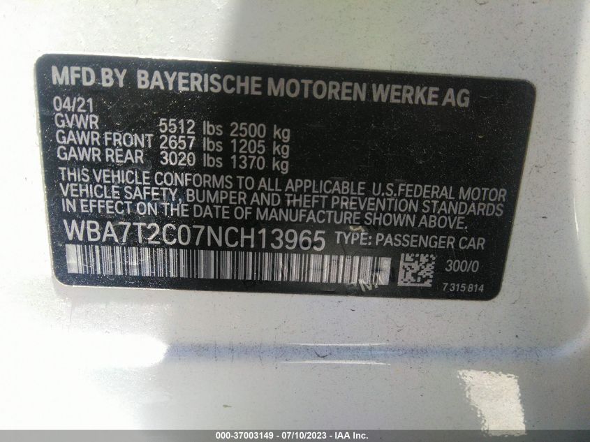 2022 BMW 7 SERIES 740I - WBA7T2C07NCH13965