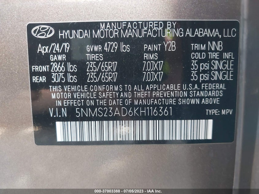 VIN 5NMS23AD6KH116361 2019 HYUNDAI SANTA FE SE
