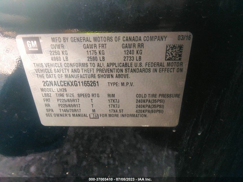 2016 CHEVROLET EQUINOX LT - 2GNALCEKXG1165261