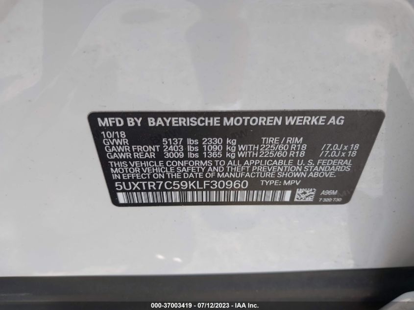 2019 BMW X3 SDRIVE30I - 5UXTR7C59KLF30960