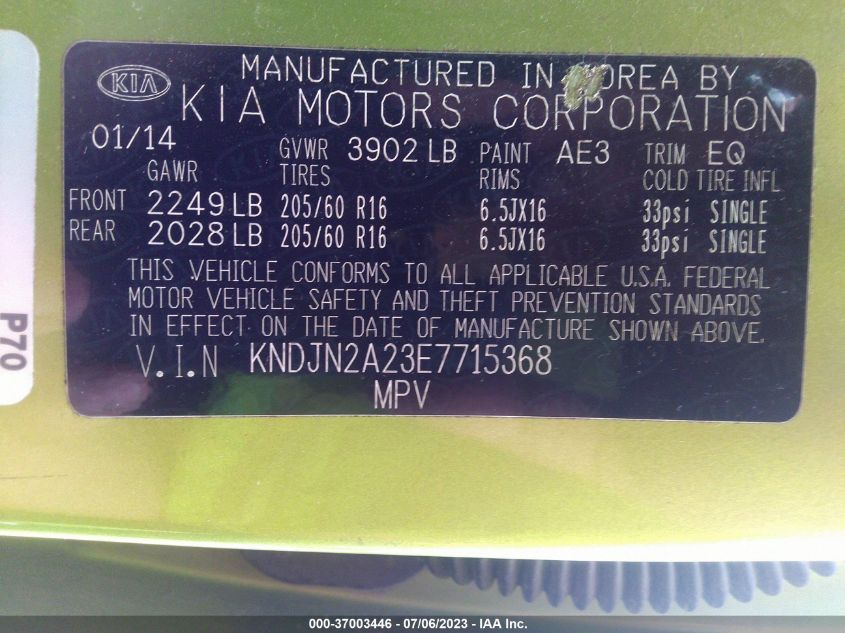 2014 KIA SOUL BASE - KNDJN2A23E7715368