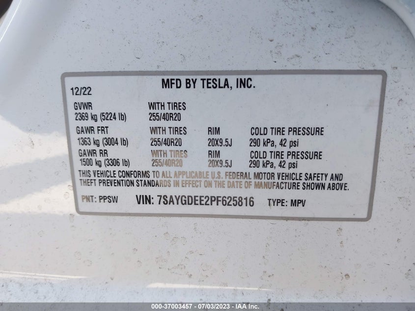 VIN 7SAYGDEE2PF625816 2023 TESLA MODEL Y LONG RANGE