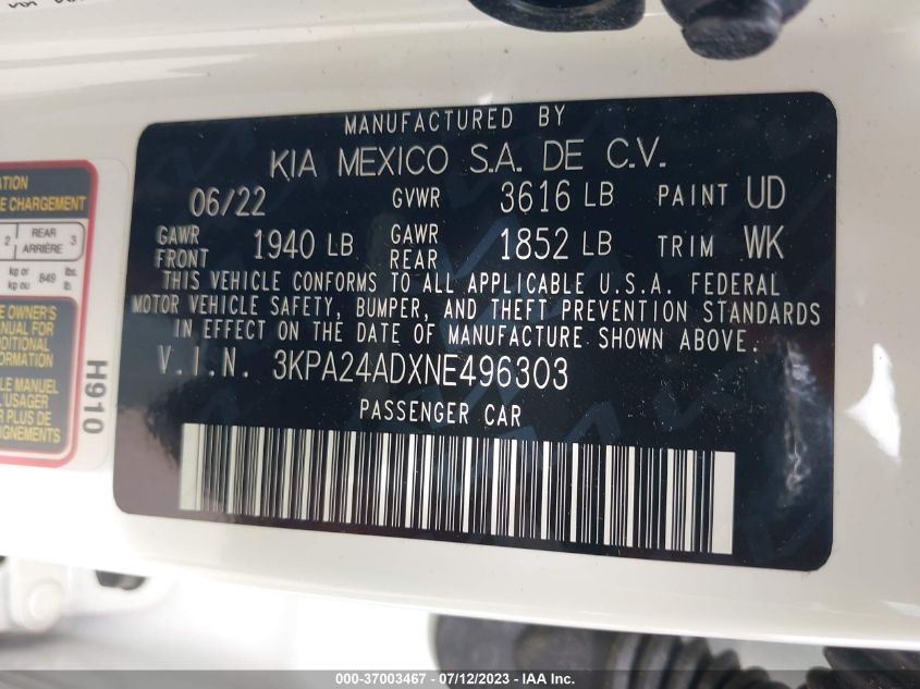 3KPA24ADXNE496303 Kia Rio LX/S 9