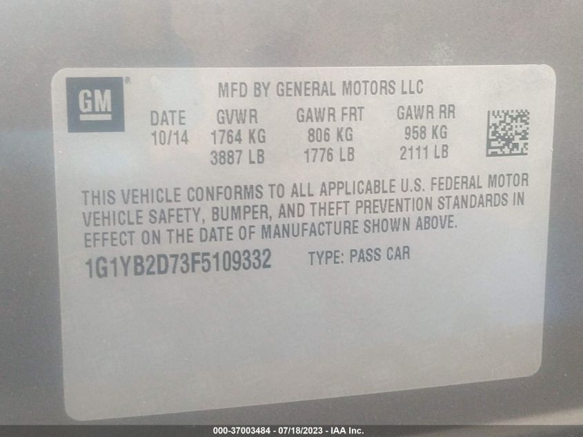 2015 CHEVROLET CORVETTE STINGRAY 1LT - 1G1YB2D73F5109332