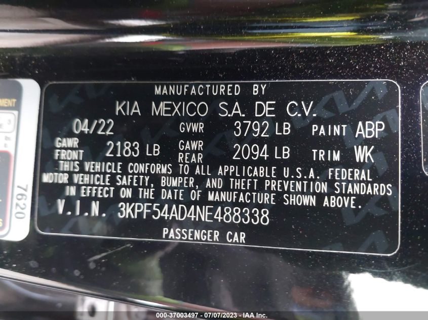 2022 KIA FORTE GT LINE - 3KPF54AD4NE488338