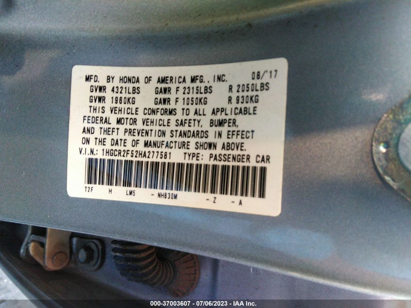 2017 HONDA ACCORD SEDAN SPORT - 1HGCR2F52HA277581