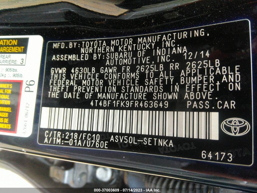 2015 TOYOTA CAMRY XLE/SE/LE/XSE - 4T4BF1FK9FR463649
