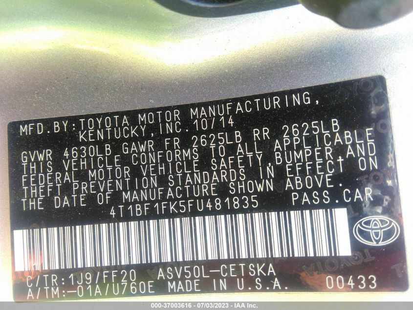 2015 TOYOTA CAMRY XLE/SE/LE/XSE - 4T1BF1FK5FU481835