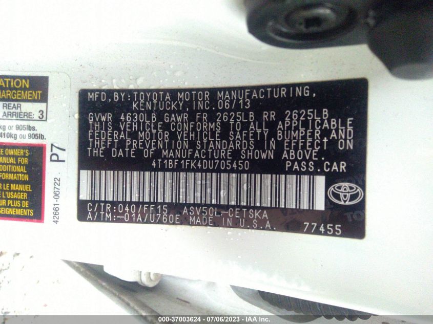 2013 TOYOTA CAMRY L/LE/SE/XLE - 4T1BF1FK4DU705450