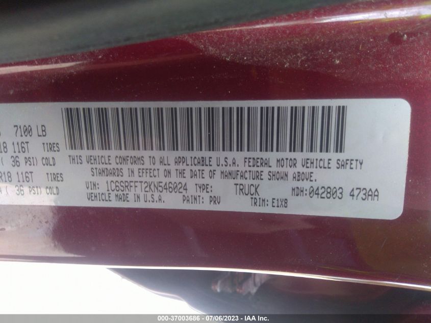 2019 RAM 1500 BIG HORN/LONE STAR - 1C6SRFFT2KN546024