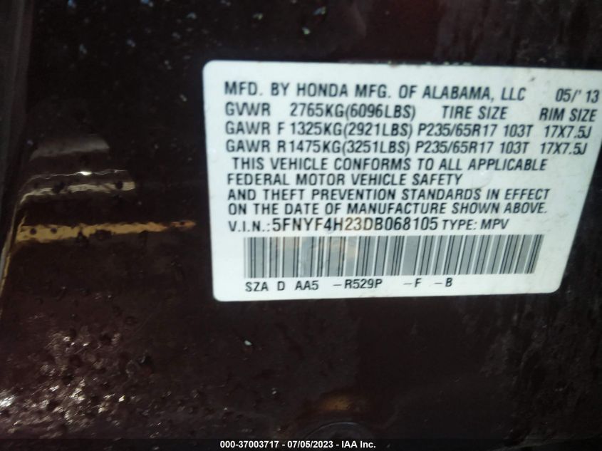 2013 HONDA PILOT LX - 5FNYF4H23DB068105