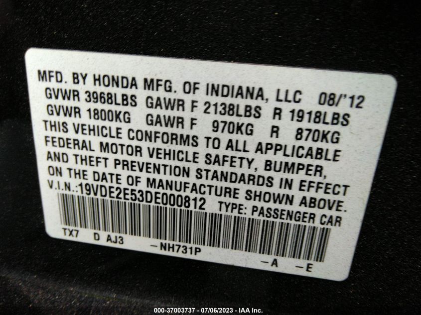 2013 ACURA ILX 2.4L PREMIUM PKG - 19VDE2E53DE000812