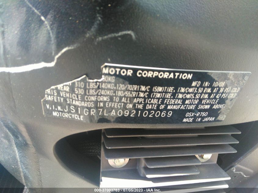 2009 SUZUKI GSX-R750 - JS1GR7LA092102069