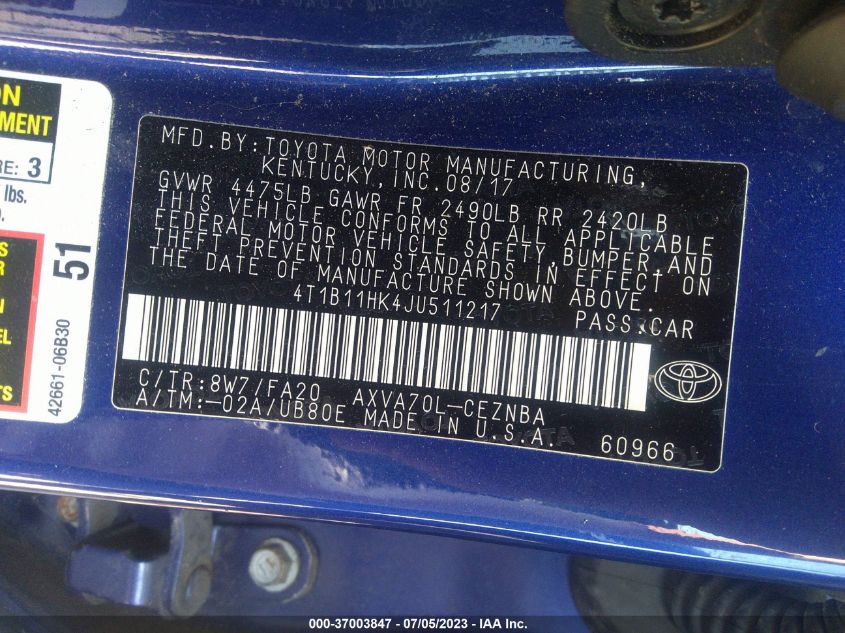 2018 TOYOTA CAMRY LE/SE/XLE/L - 4T1B11HK4JU511217