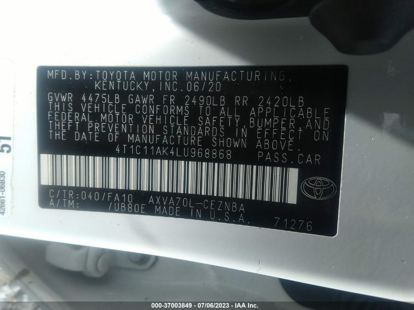 2020 TOYOTA CAMRY LE - 4T1C11AK4LU968868