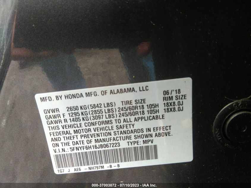 2018 HONDA PILOT LX - 5FNYF6H16JB067223