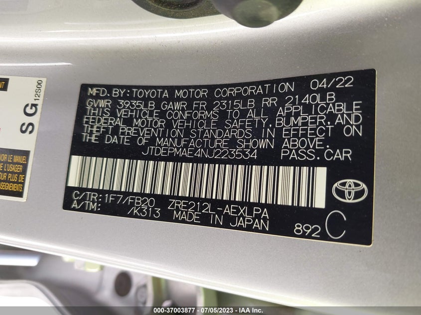 VIN JTDEPMAE4NJ223534 2022 TOYOTA COROLLA LE