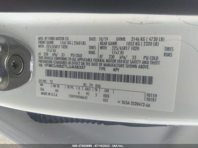 2020 FORD ESCAPE SE SPORT HYBRID - 1FMCU9BZ7LUA58357