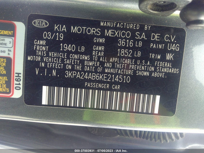 VIN 3KPA24AB6KE214510 2019 KIA RIO S