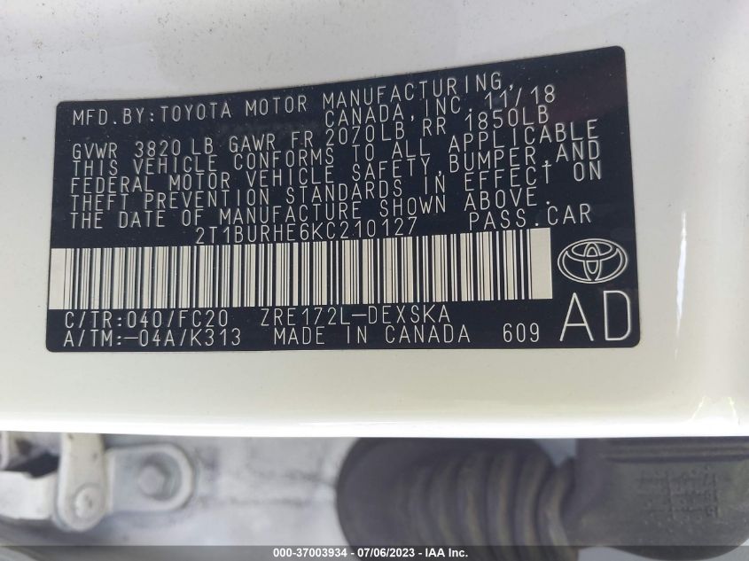 2019 TOYOTA COROLLA L/LE/SE/XLE/XSE - 2T1BURHE6KC210127
