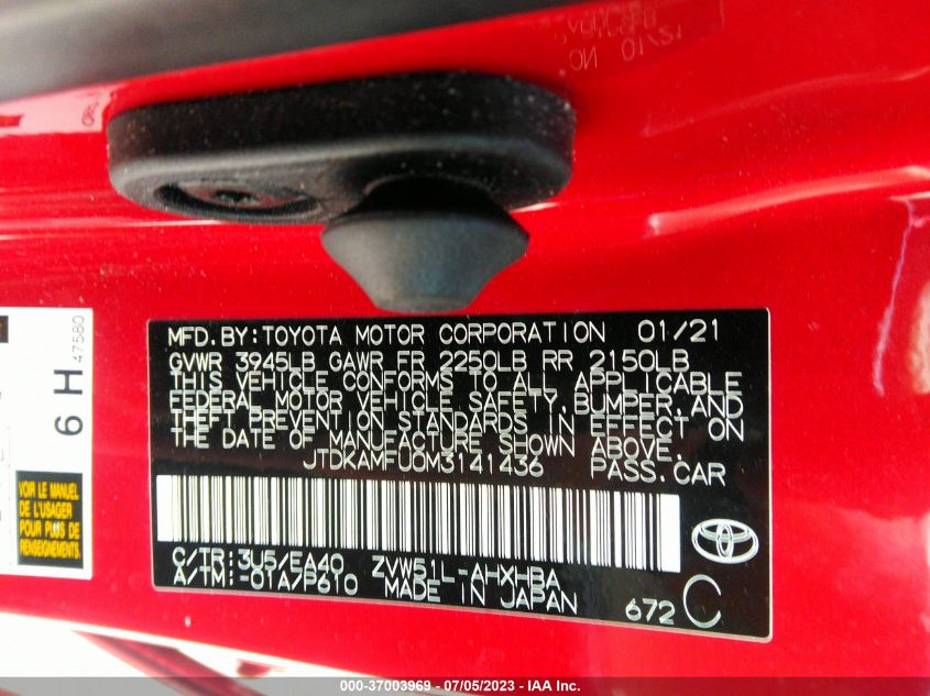 2021 TOYOTA PRIUS L - JTDKAMFU0M3141436