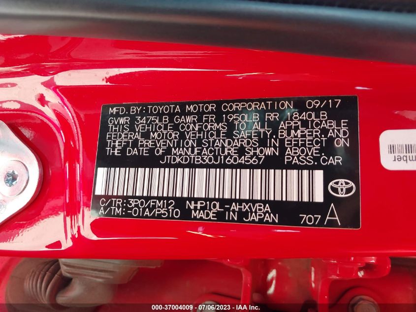 2018 TOYOTA PRIUS C ONE/TWO/THREE/FOUR - JTDKDTB30J1604567