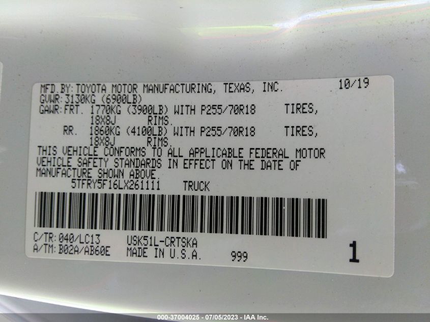 2020 TOYOTA TUNDRA 2WD SR/SR5 5TFRY5F16LX261111