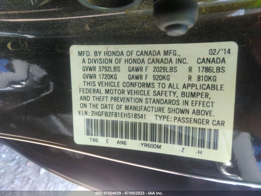 2014 HONDA CIVIC SEDAN EX - 2HGFB2F81EH518541
