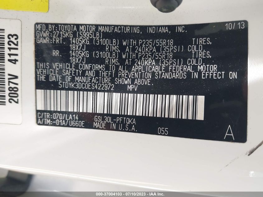 2014 TOYOTA SIENNA XLE/XLE AAS/LTD - 5TDYK3DC0ES422972