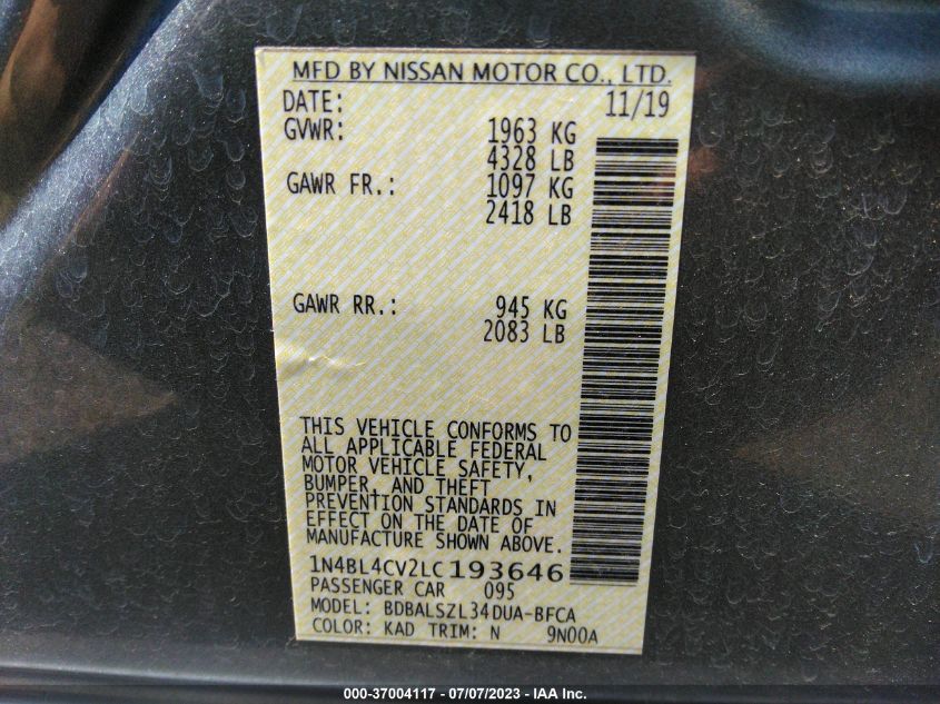2020 NISSAN ALTIMA SR - 1N4BL4CV2LC193646