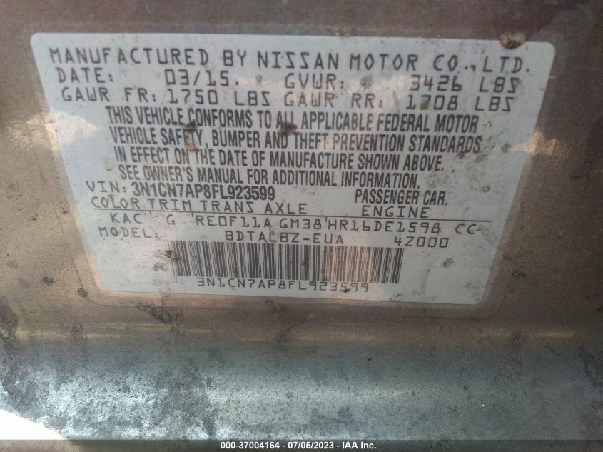 2015 NISSAN VERSA SV - 3N1CN7AP8FL923599