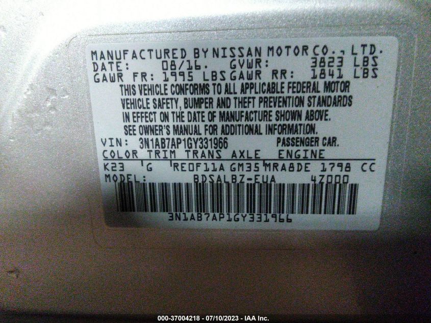 2016 NISSAN SENTRA S - 3N1AB7AP1GY331966