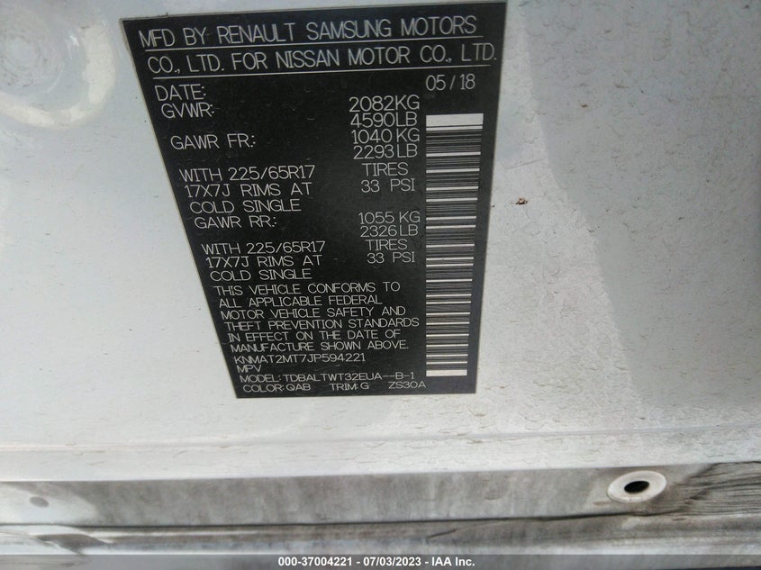 VIN KNMAT2MT7JP594221 2018 NISSAN ROGUE SV
