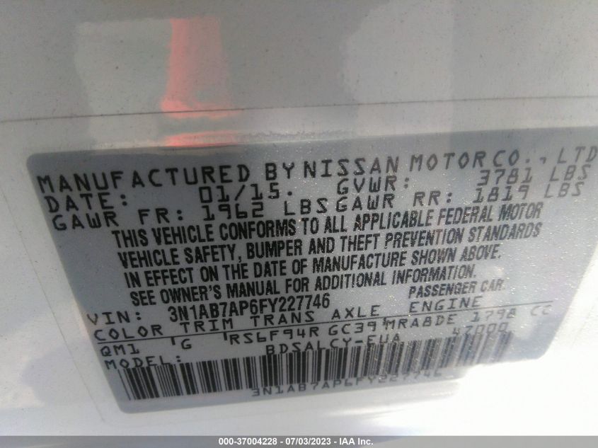 2015 NISSAN SENTRA S - 3N1AB7AP6FY227746
