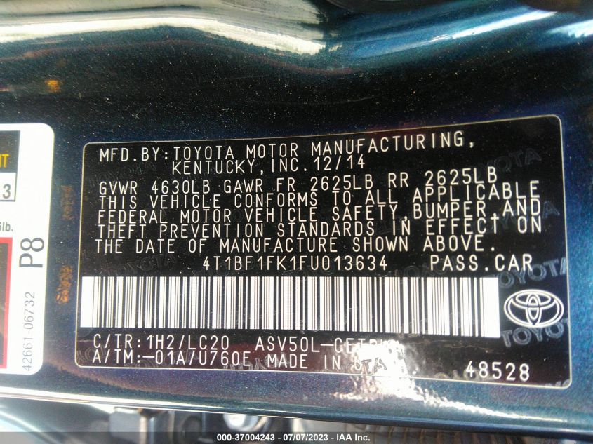 2015 TOYOTA CAMRY LE/XLE/SE/XSE - 4T1BF1FK1FU013634