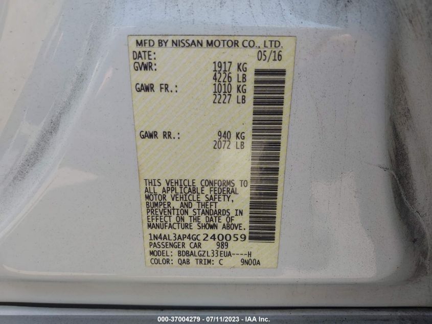 2016 NISSAN ALTIMA 2.5/S/SV/SL/SR - 1N4AL3AP4GC240059