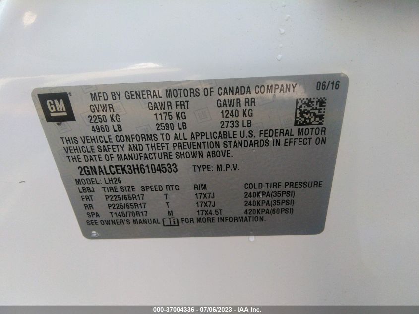 2017 CHEVROLET EQUINOX LT - 2GNALCEK3H6104533