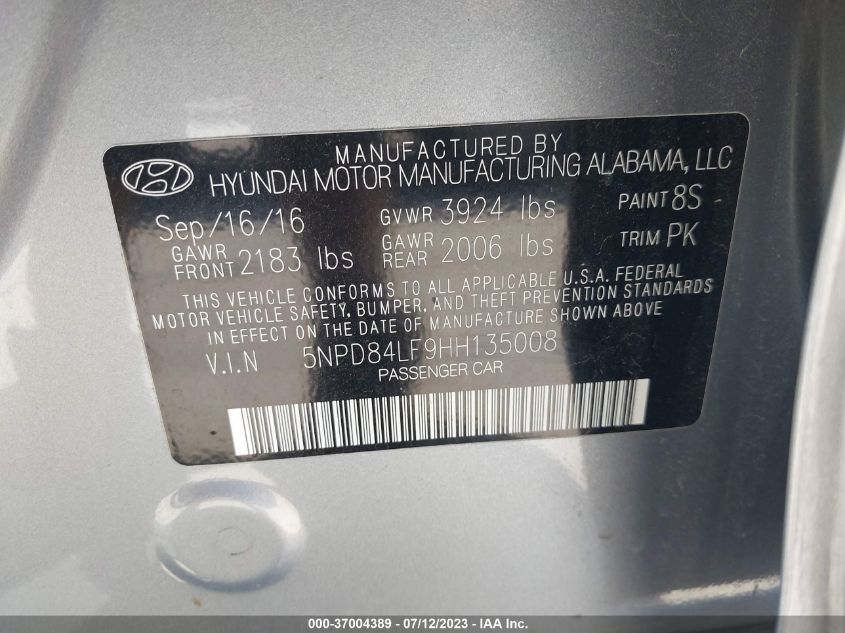 2017 HYUNDAI ELANTRA SE - 5NPD84LF9HH135008