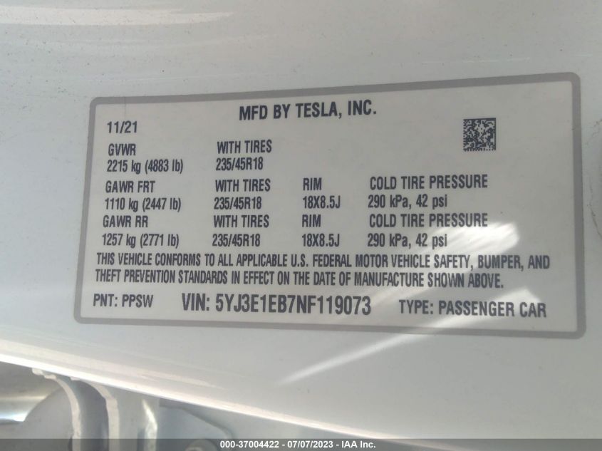 2022 TESLA MODEL 3 - 5YJ3E1EB7NF119073