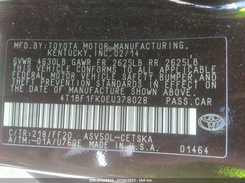 2014 TOYOTA CAMRY L/LE/XLE/SE/SE SPORT - 4T1BF1FK0EU378028