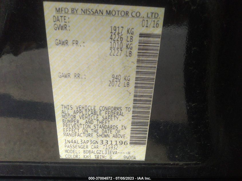 2016 NISSAN ALTIMA 2.5 S - 1N4AL3AP3GN331196