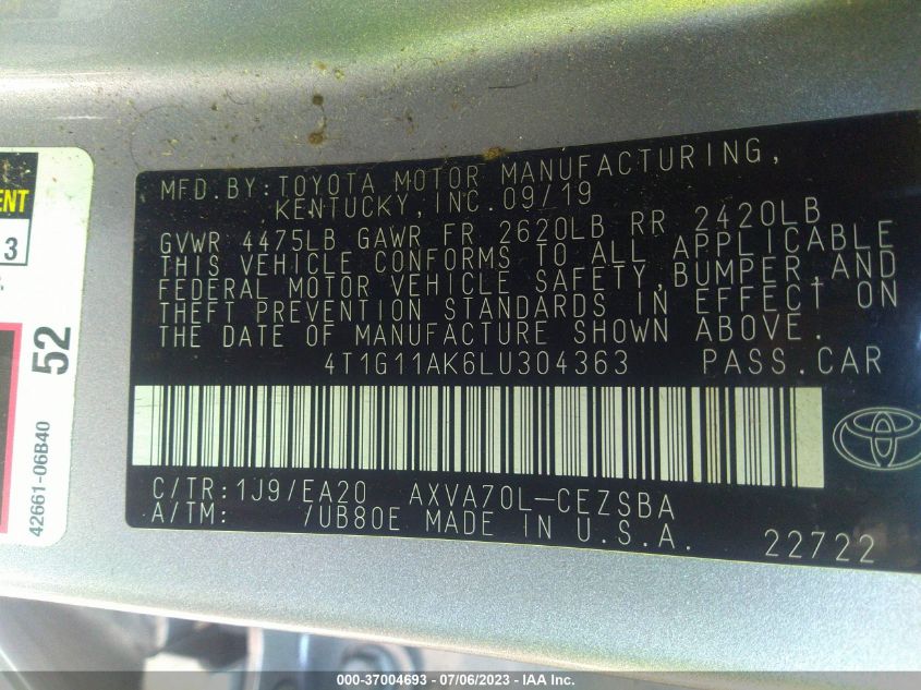 2020 TOYOTA CAMRY SE/SE NIGHT SHADE - 4T1G11AK6LU304363