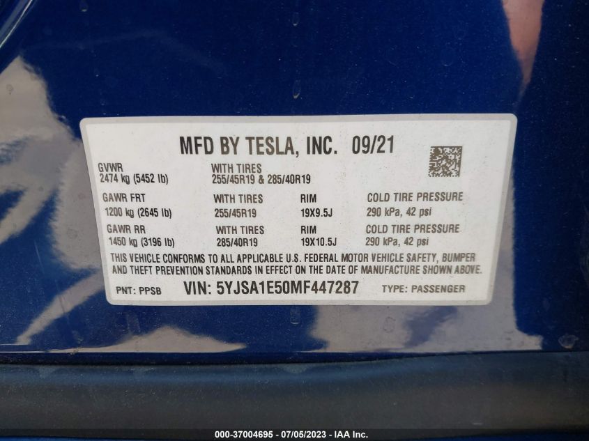 2021 TESLA MODEL S LONG RANGE - 5YJSA1E50MF447287