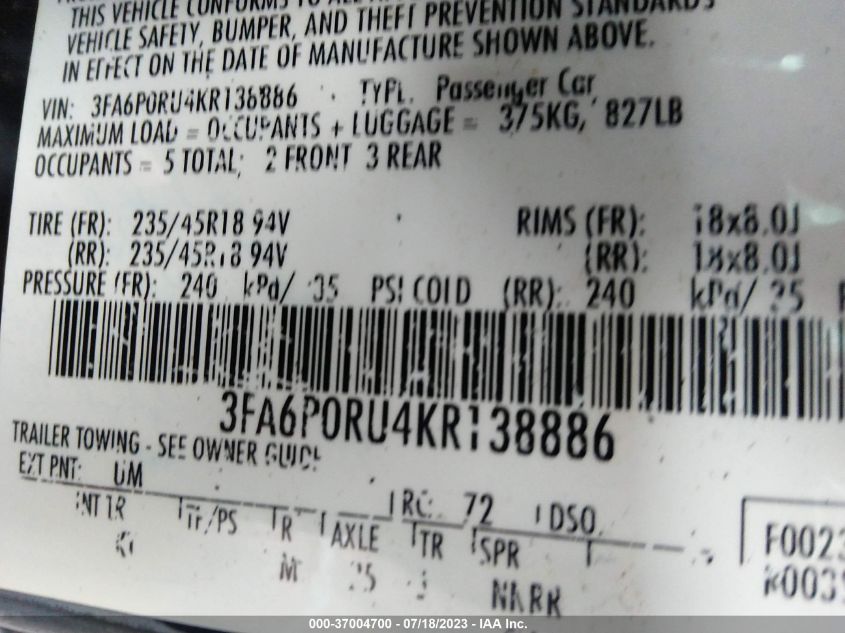 2019 FORD FUSION HYBRID TITANIUM - 3FA6P0RU4KR138886